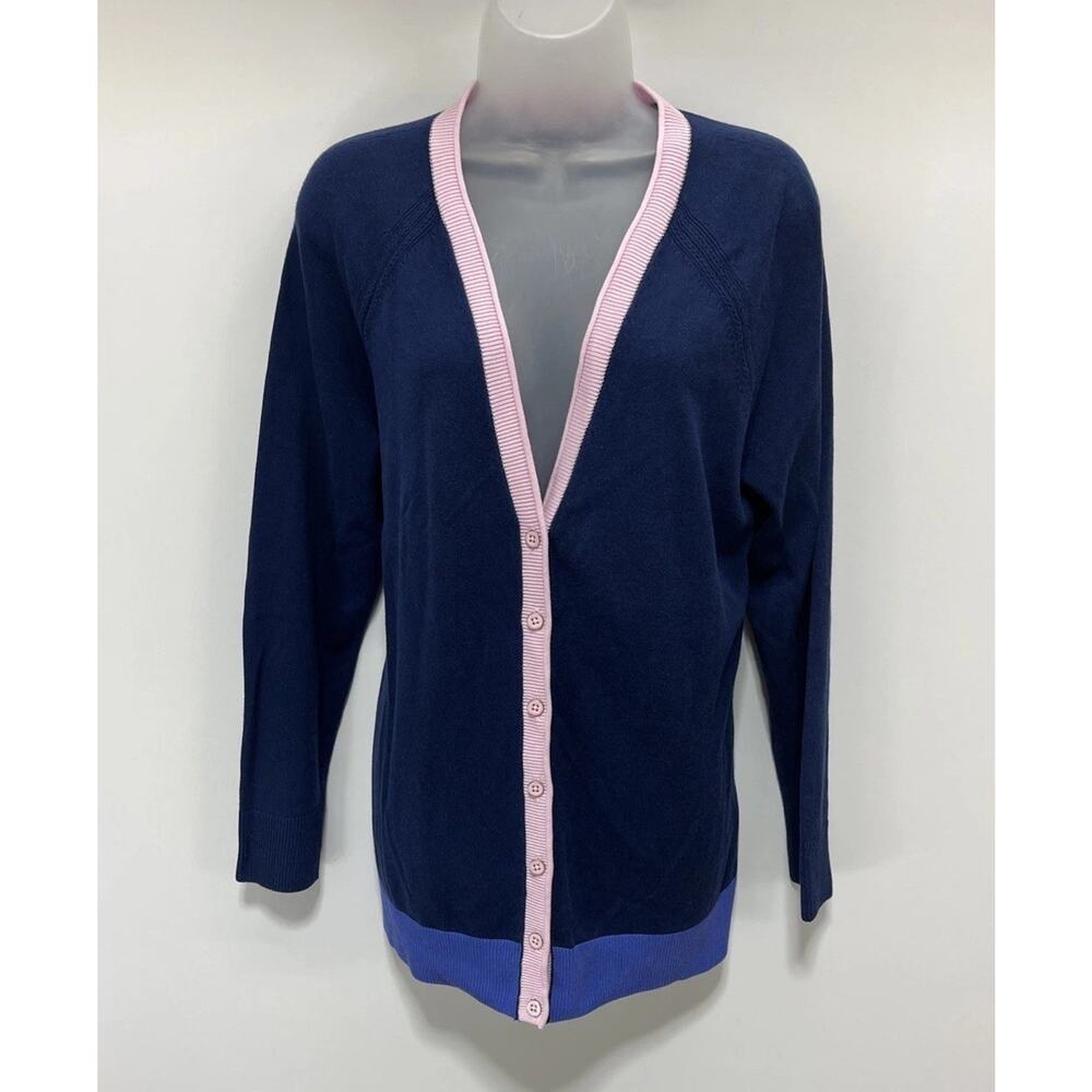 TALBOTS INDIGO NAVY BLUE/PINK TIPPED GIRLFRIEND CARDIGAN SWEATER Large